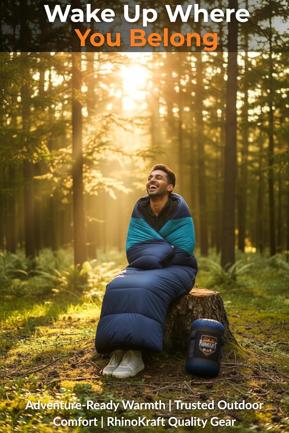 RhinoKraft Rectangular Sleeping Bag with Pillow | Lightweight, Waterproof, Compact for Camping, Trekking, Travel | Comfort Temp 0°C to 18°C | Includes Carry Bag