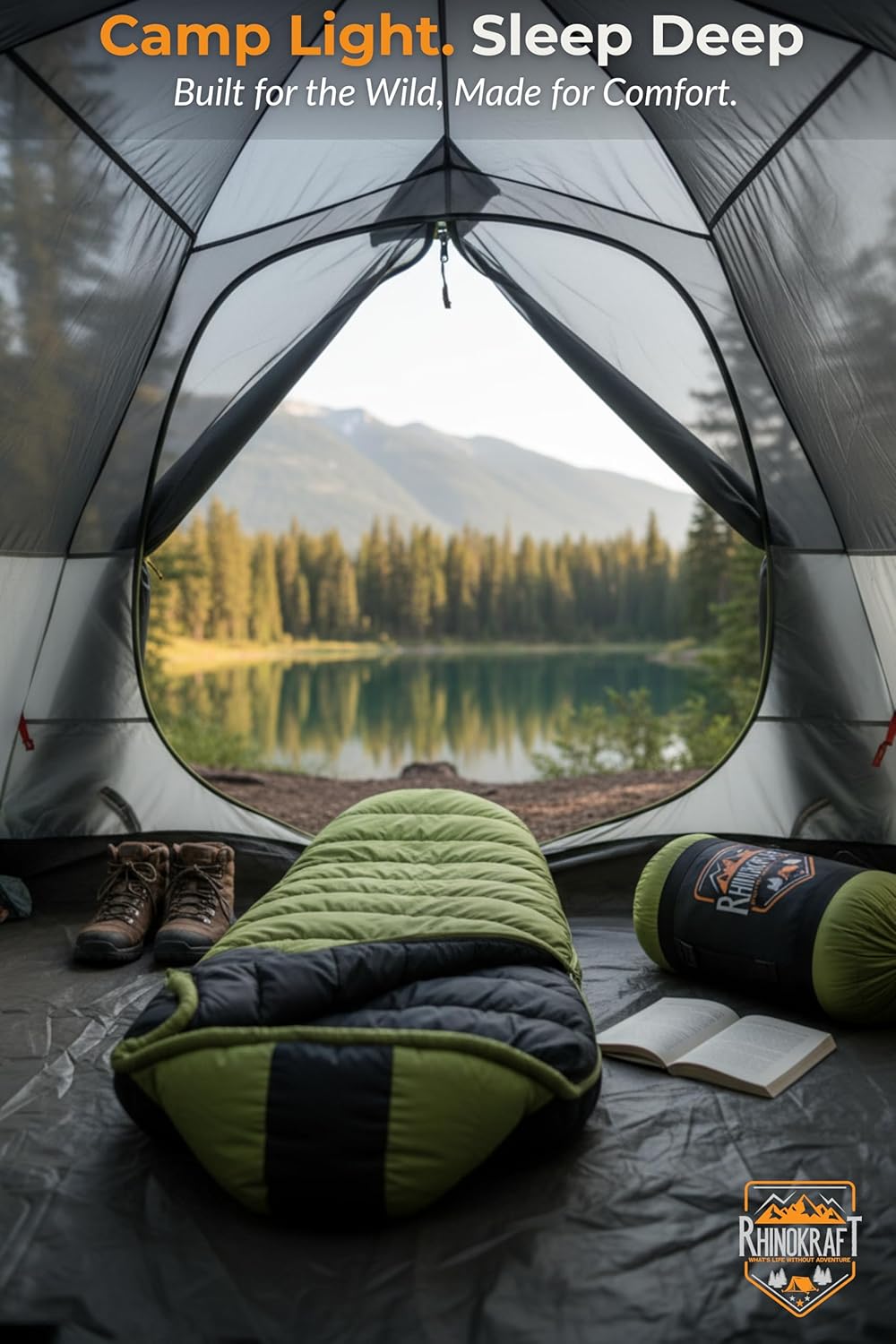 RhinoKraft Olive Mummy Sleeping Bag | 10 To 20 °C Lightweight 1.8 kg | Oversized 86″×30″ | Tall-Friendly Fit for Camping, Trekking & Biking