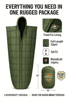 RhinoKraft Ranger Army-Grade Mummy Sleeping Bags for Adults | Premium TPU Shell with Fixed Fur Insulation | Extra-Tall 7ft Fit | Sub-Zero Rated