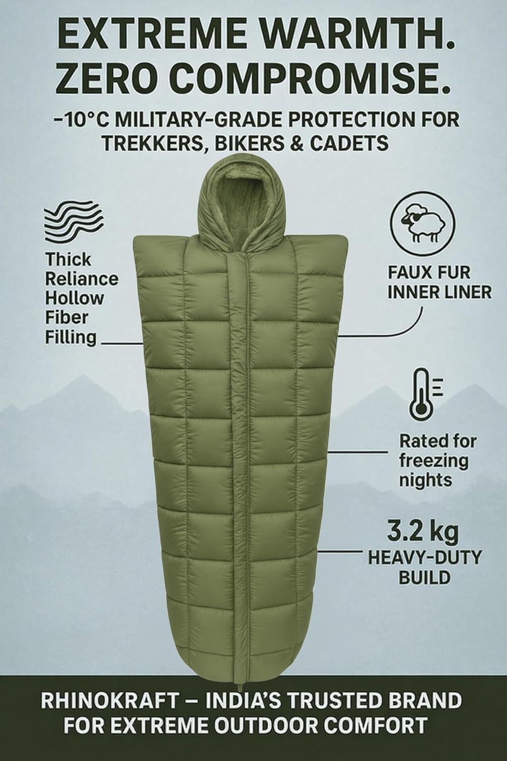 RhinoKraft Arctic Series Mummy Sleeping Bag for Adults | –10°C Winter Camping Sleeping Bag for Men & Women | Detachable Washable Fur Liner | Heavy-Duty 3.2 kg 6.5 Ft Tall | Water-Resistant Fabric