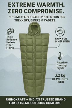 RhinoKraft Arctic Series Mummy Sleeping Bag for Adults | –10°C Winter Camping Sleeping Bag for Men & Women | Detachable Washable Fur Liner | Heavy-Duty 3.2 kg 6.5 Ft Tall | Water-Resistant Fabric