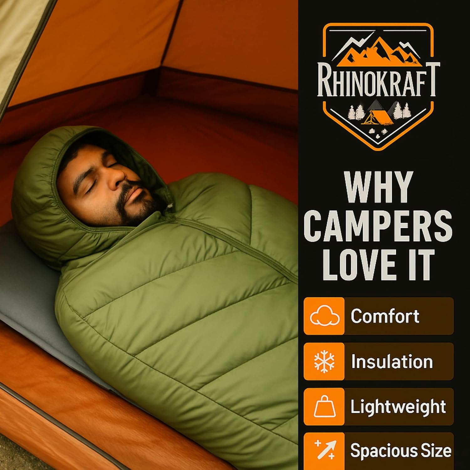 RhinoKraft Olive Mummy Sleeping Bag | 8–20 °C Comfort | 1.5 kg Lightweight | Oversize 86″×30″ for 7-ft Plus | Compact Hooded Design for Camping, Trekking & Biking
