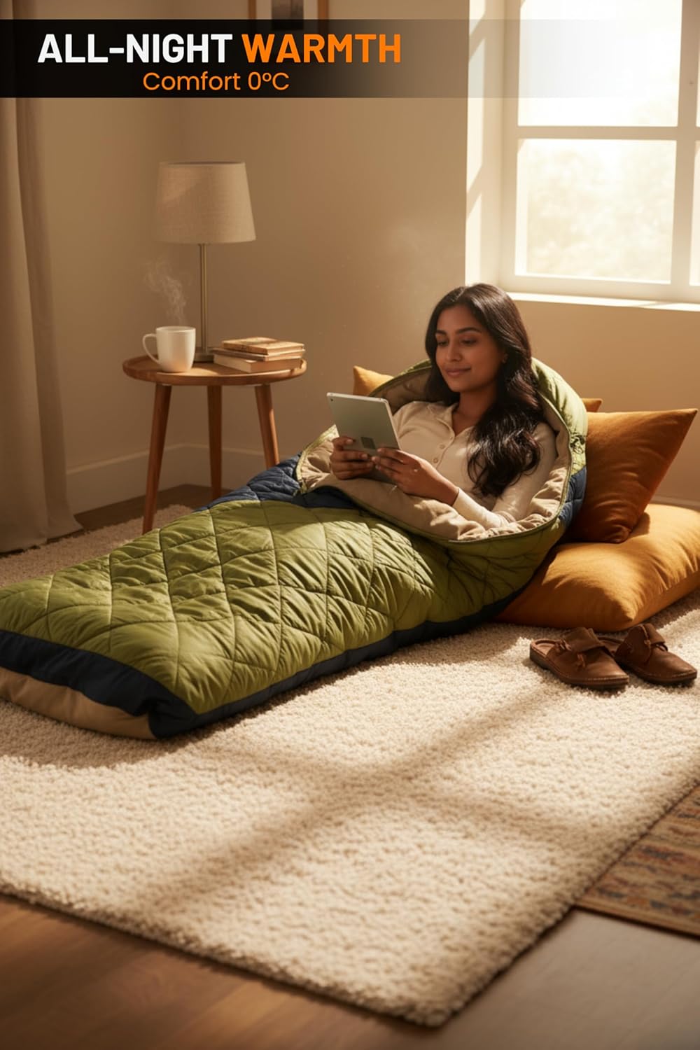 RhinoKraft Predator Quilted Rectangular Sleeping Bag | Suede-Lined for 0°C Warmth | Fits Up to 6ft Tall | Fully Opens as Blanket | Rugged Olive Design | Hollow Fiber Outdoor Gear for Camping