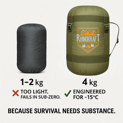 RhinoKraft Minus 15 Degree Sleeping Bag - Military-Grade, 9ft, Double-Layered | Heavy-Duty Winter Gear for Army & Defence | Rated for 0°C to -15°C, 4kg