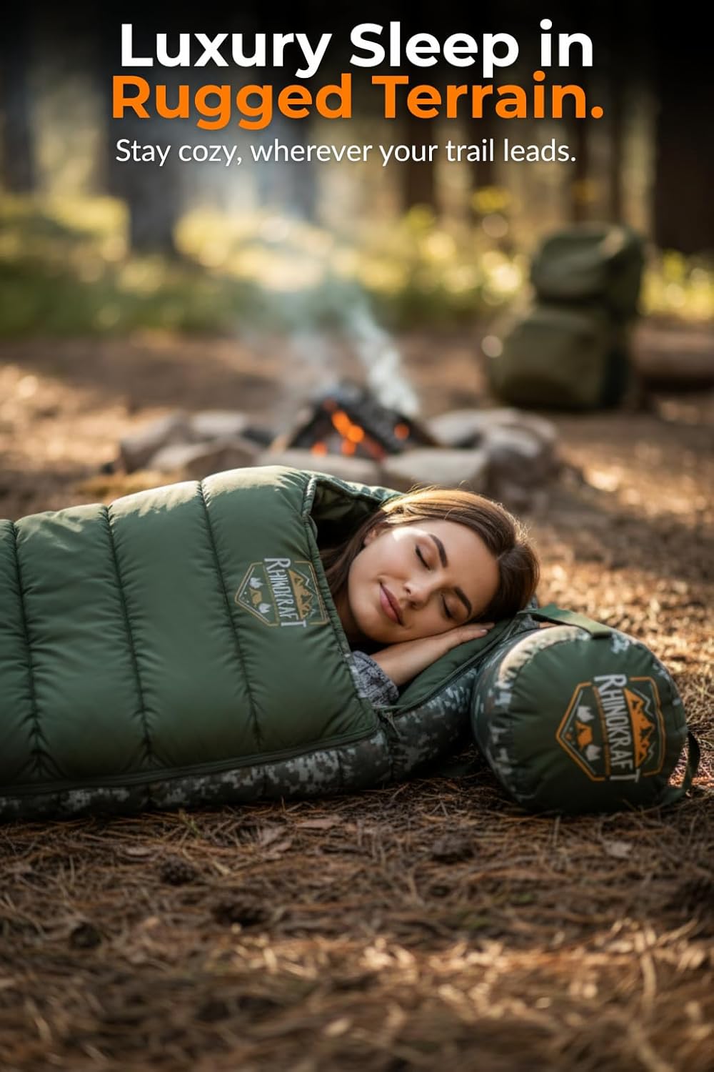RhinoKraft -10 Degree Sleeping Bag for Adult | Soft Fur Lining | Extra Large Size | 2.4 Kg Weight | Soft and Warm Sleeping Bag for Adventure | Camping, Trekking and Outdoor Activity RK-PYRAMID-OLIVE