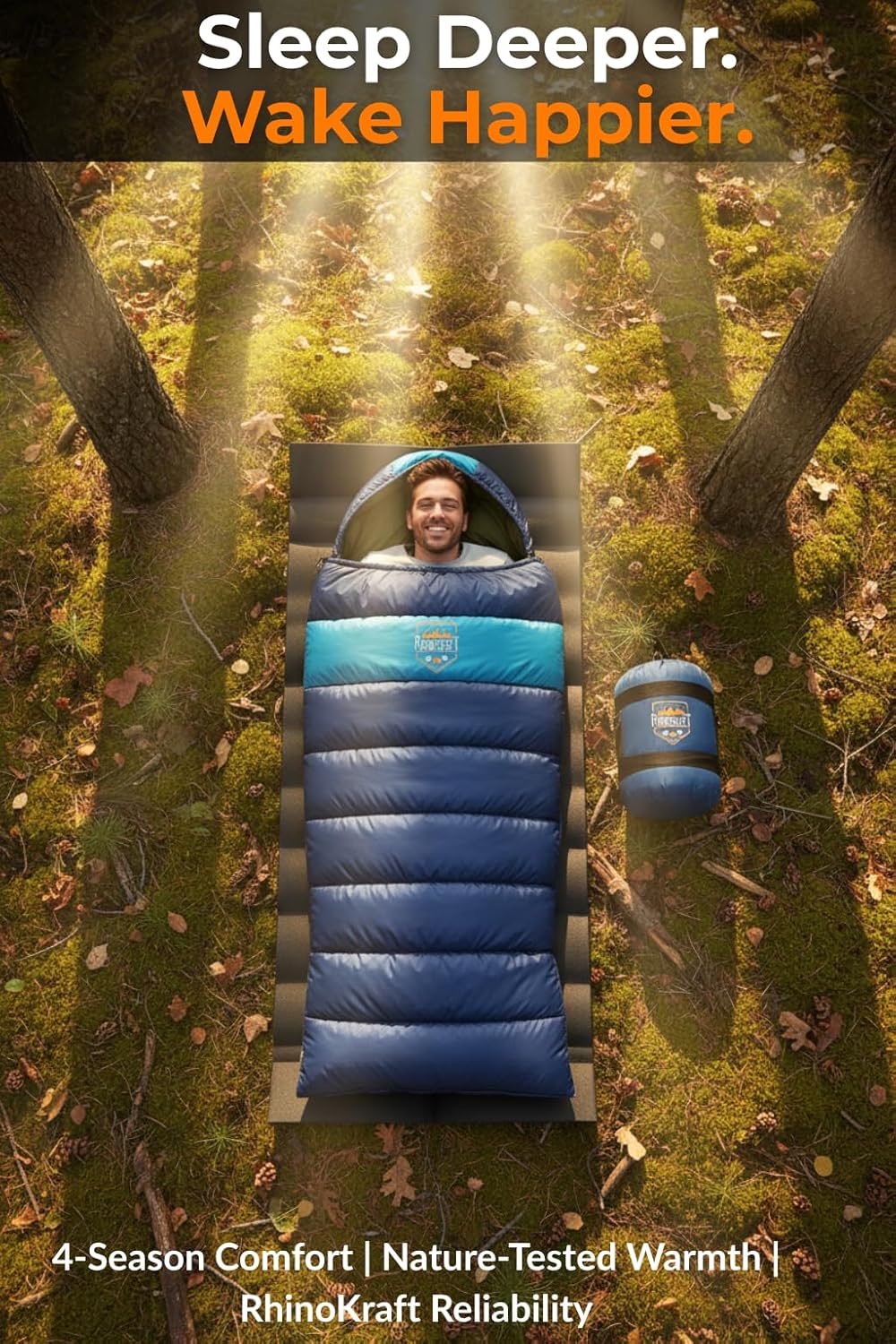 RhinoKraft Rectangular Sleeping Bag with Pillow | Lightweight, Waterproof, Compact for Camping, Trekking, Travel | Comfort Temp 0°C to 18°C | Includes Carry Bag