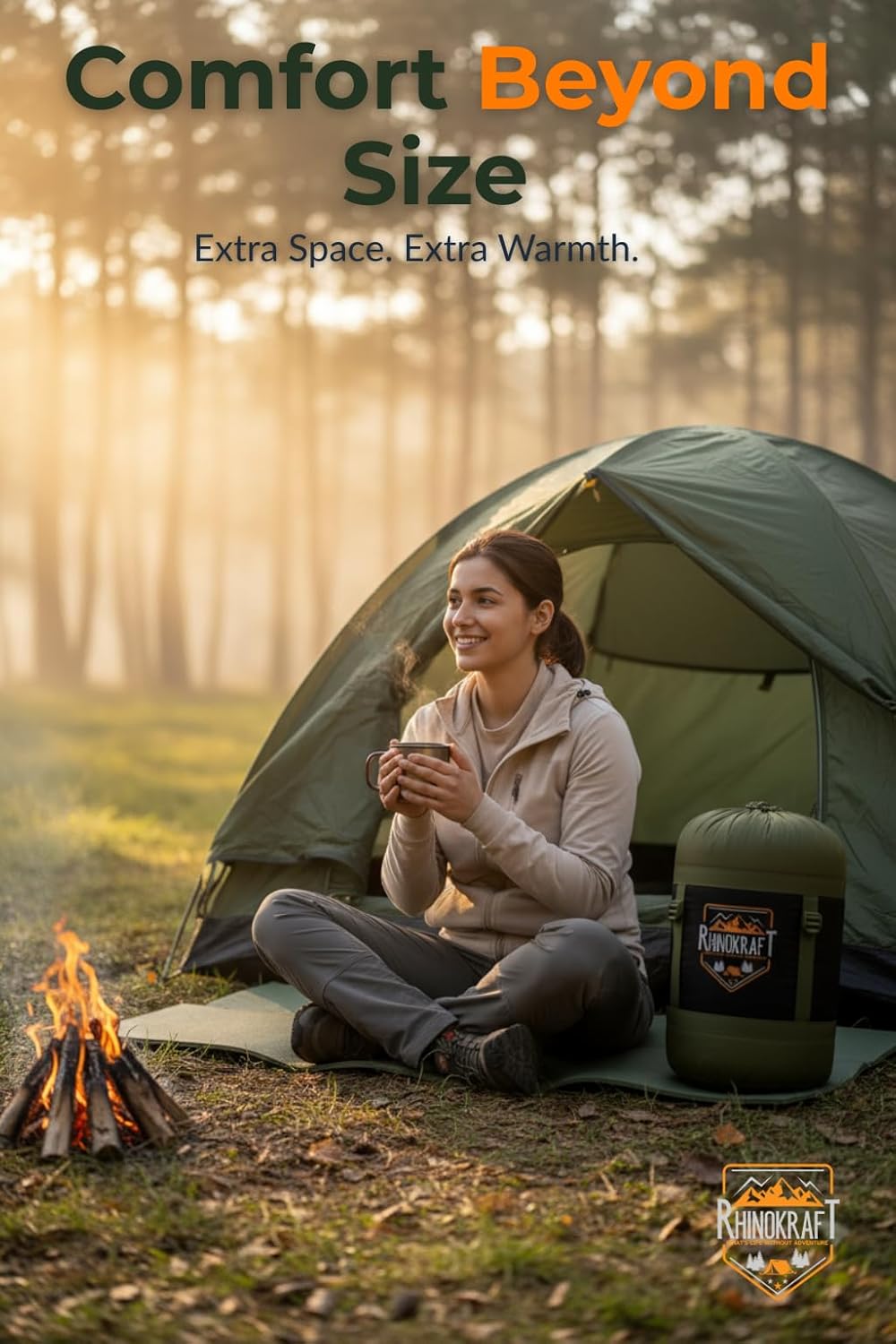 RhinoKraft Sleeping Bag for Adults | Fits Up to 6.5ft | Waterproof, Anti-Pill Fleece, Hollow Fiber Fill | 0°C to 18°C | Hood, Travel Pillow & Compression Sack | for Camping, Trekking & Hiking