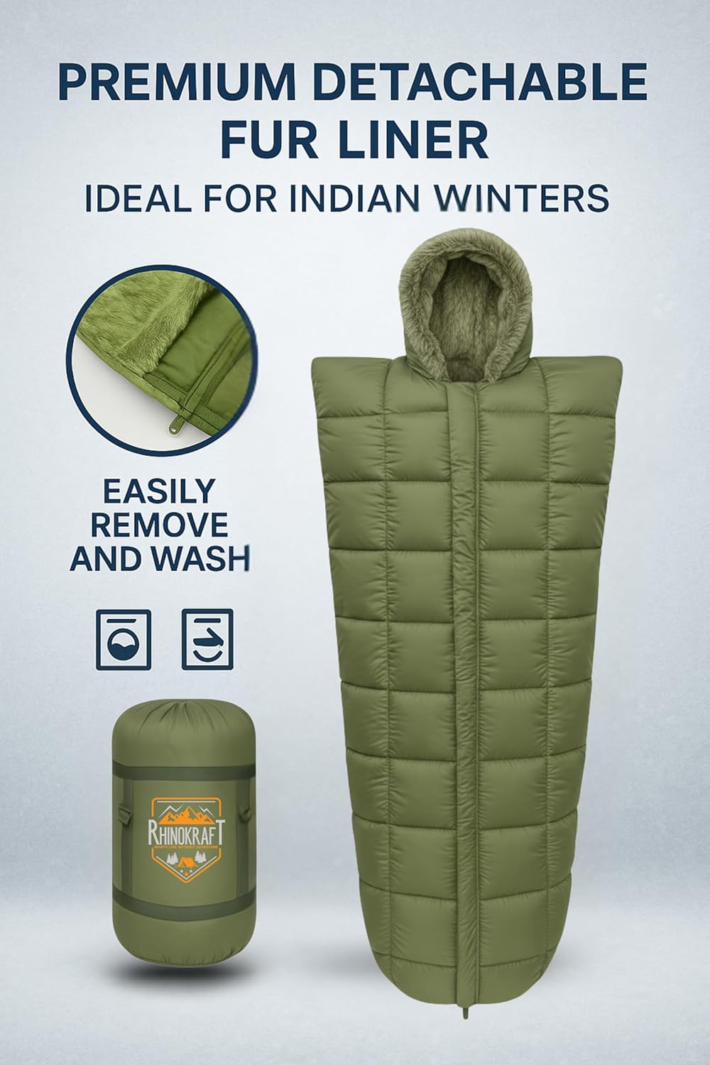 RhinoKraft Arctic Series Mummy Sleeping Bag for Adults | –10°C Winter Camping Sleeping Bag for Men & Women | Detachable Washable Fur Liner | Heavy-Duty 3.2 kg 6.5 Ft Tall | Water-Resistant Fabric