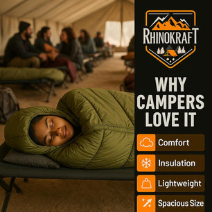 RhinoKraft Olive Mummy Sleeping Bag | 8–20 °C Comfort | 1.5 kg Lightweight | Oversize 86″×30″ for 7-ft Plus | Compact Hooded Design for Camping, Trekking & Biking