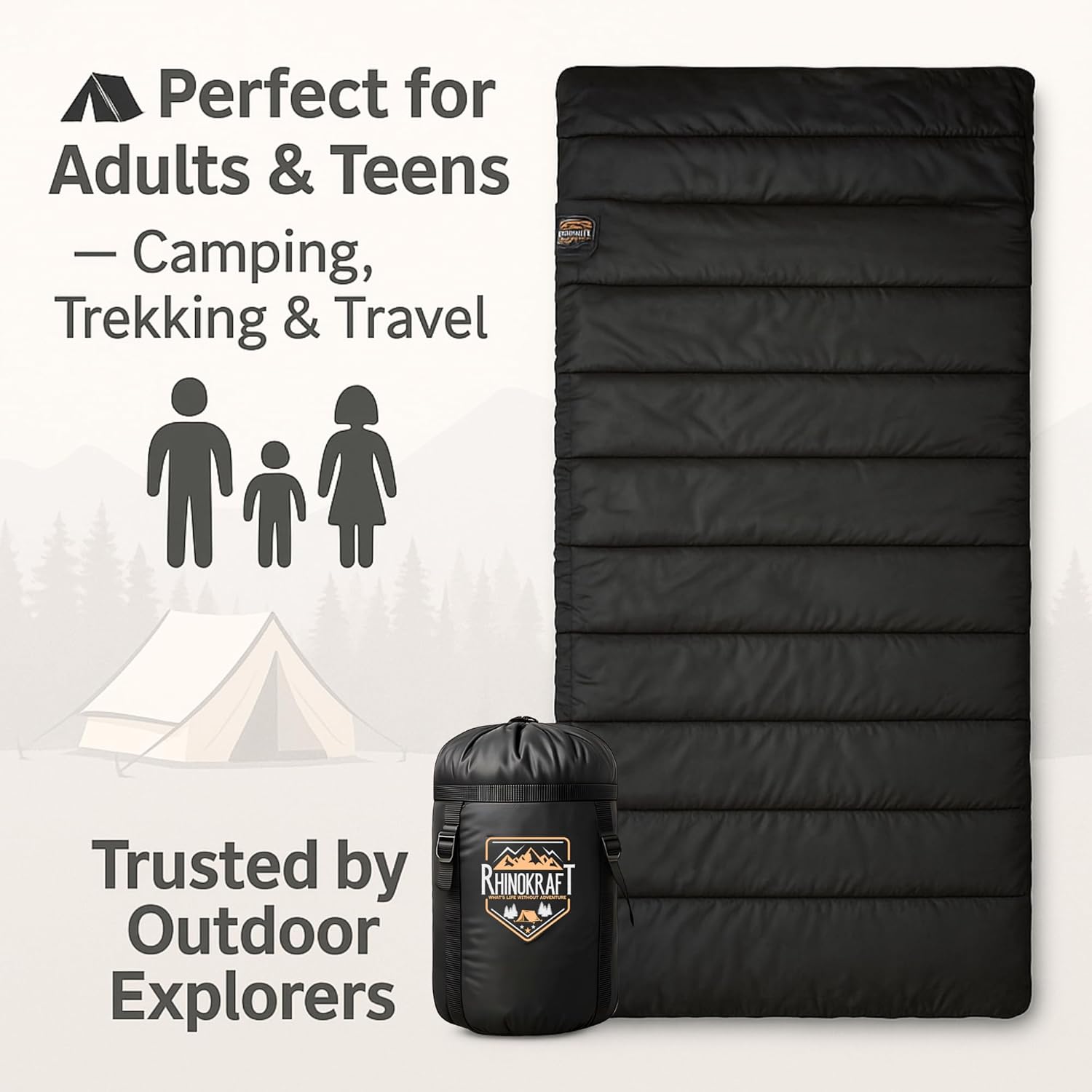RhinoKraft Camping Sleeping Bag - 3 Season Warm & Cool Weather - Summer, Spring, Winter, Lightweight, for Adults & Kids - Camping Gear Equipment, Traveling and Outdoors