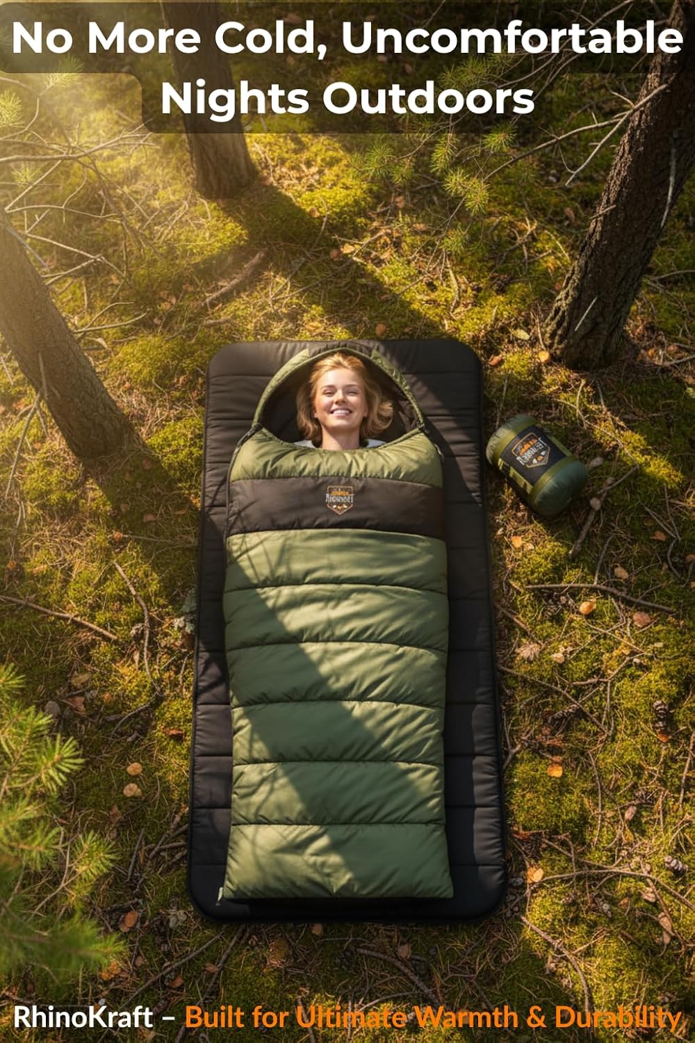 RhinoKraft Rectangular Sleeping Bag with Pillow | Lightweight, Waterproof, Compact for Camping, Trekking, Travel | Comfort Temp 0°C to 18°C | Includes Carry Bag