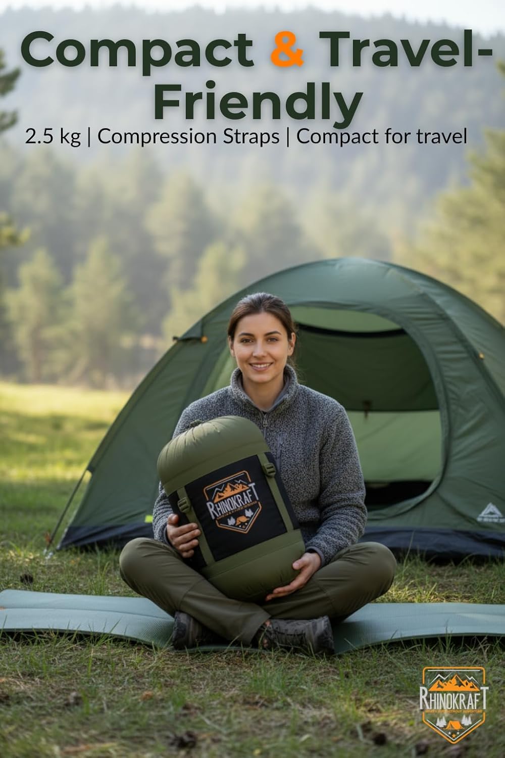 RhinoKraft Sleeping Bag for Adults | Fits Up to 6.5ft | Waterproof, Anti-Pill Fleece, Hollow Fiber Fill | 0°C to 18°C | Hood, Travel Pillow & Compression Sack | for Camping, Trekking & Hiking