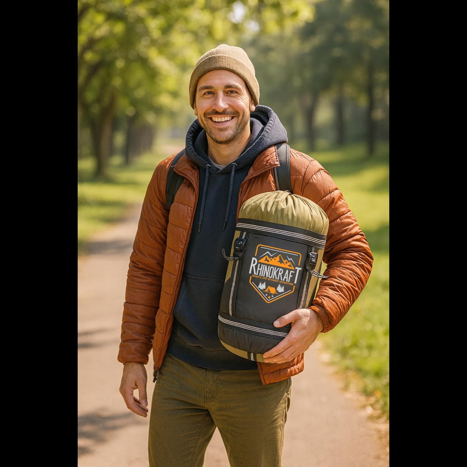 RhinoKraft Olive Mummy Sleeping Bag | 8–20 °C Comfort | 1.5 kg Lightweight | Oversize 86″×30″ for 7-ft Plus | Compact Hooded Design for Camping, Trekking & Biking