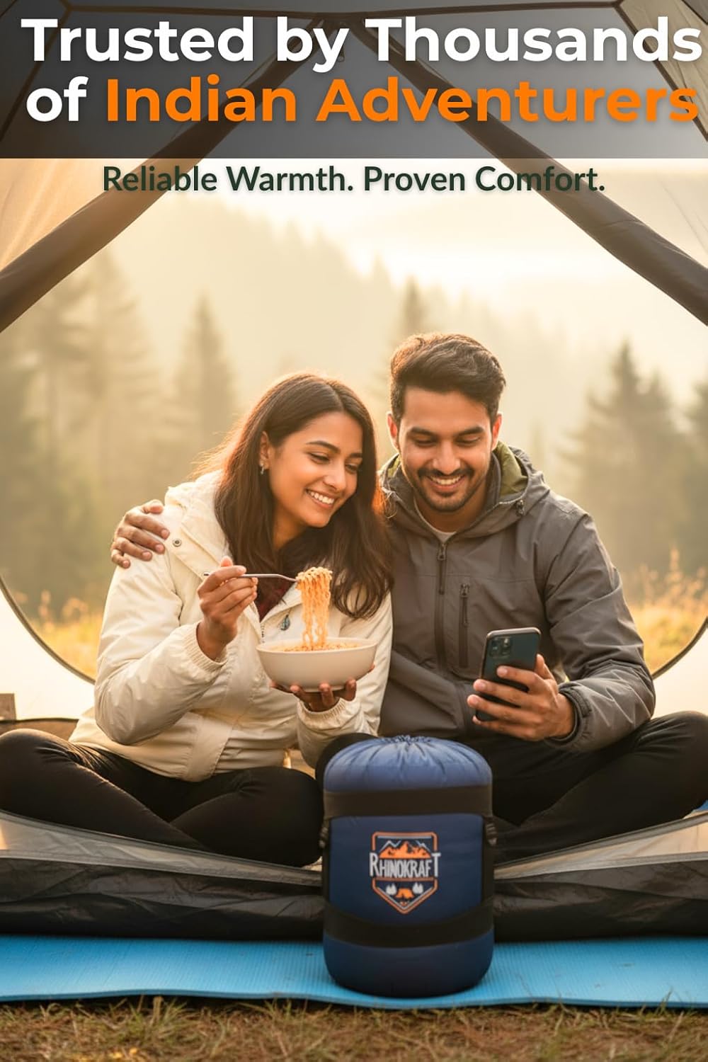 RhinoKraft Rectangular Sleeping Bag with Pillow | Lightweight, Waterproof, Compact for Camping, Trekking, Travel | Comfort Temp 0°C to 18°C | Includes Carry Bag