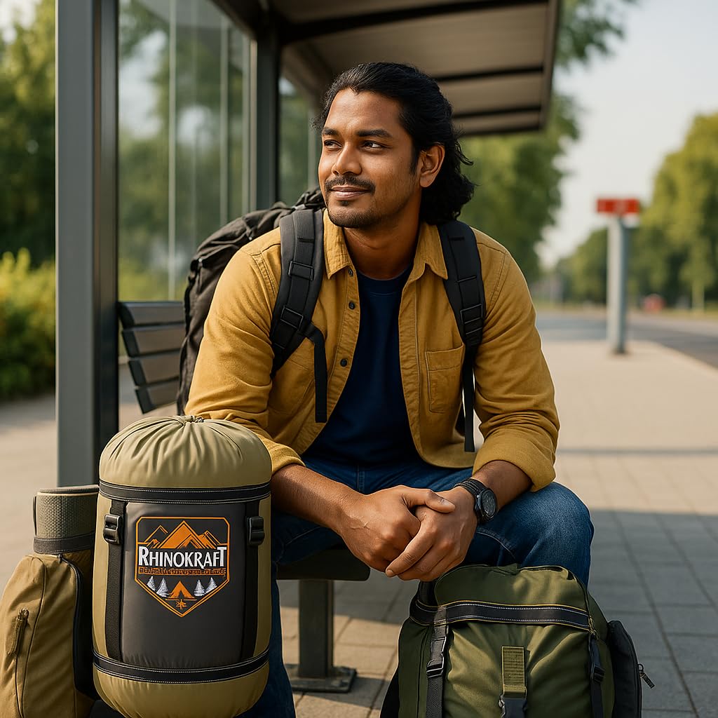 RhinoKraft Spartan Olive Rectangular Sleeping Bag | Lightweight 1.3 kg | Comfort 12 °Celcius | Durable Nylon & Reliance Fibre | Packable for Camping, Biking & Trekking