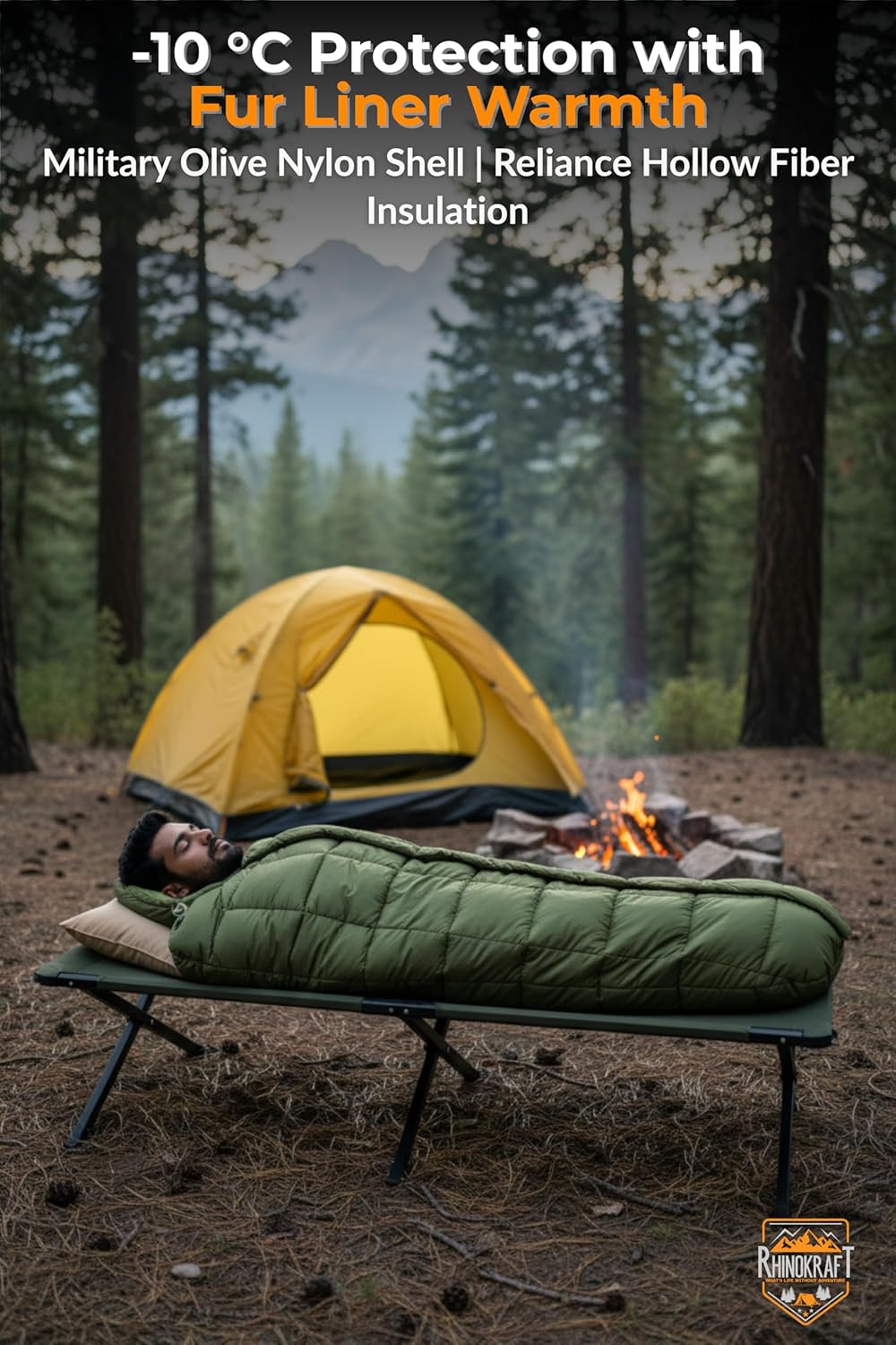 RhinoKraft Arctic Series Mummy Sleeping Bag for Adults | –10°C Winter Camping Sleeping Bag for Men & Women | Detachable Washable Fur Liner | Heavy-Duty 3.2 kg 6.5 Ft Tall | Water-Resistant Fabric