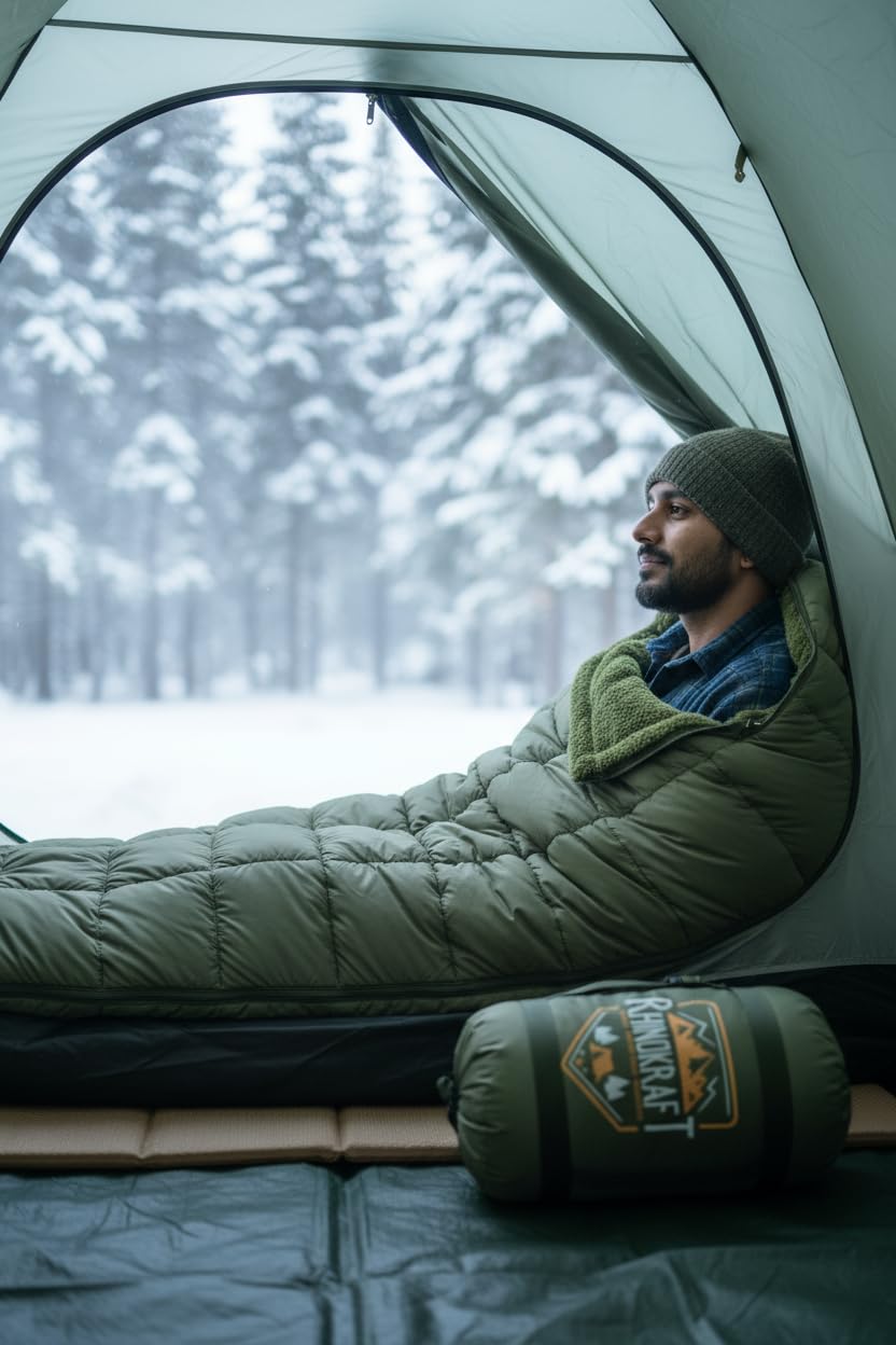 RhinoKraft Arctic Series Sleeping Bag for Adults | -10°C Winter Camping Sleeping Bag with Detachable Fur Liner | Heavy-Duty 3.2 kg Rectangular Design | Water-Resistant Butter Nylon | 6.5 ft Height Fit