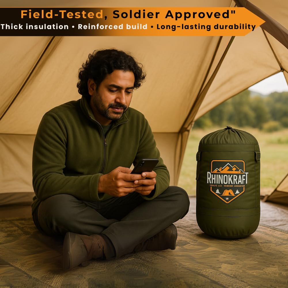 RhinoKraft Phantom Mummy Sleeping Bag | Detachable Suede-Lined Interior | Rugged TPU Shell for Extreme Durability | Fits Up to 7ft Tall | 2.9 kg Dark Olive Army-Grade Gear for Camping & Trekking