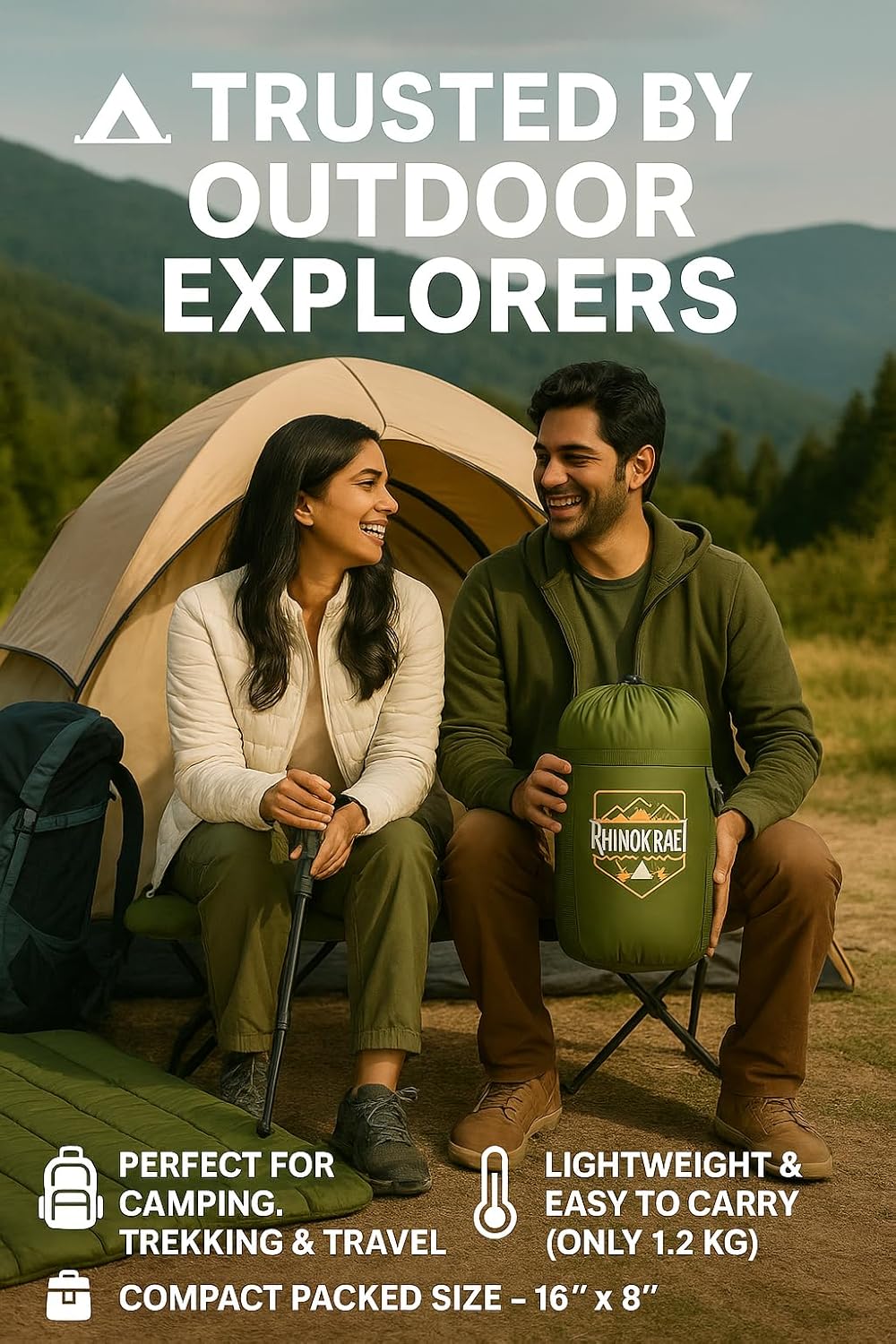 RhinoKraft Camping Sleeping Bag - 3 Season Warm & Cool Weather - Summer, Spring, Winter, Lightweight, for Adults & Kids - Camping Gear Equipment, Traveling and Outdoors
