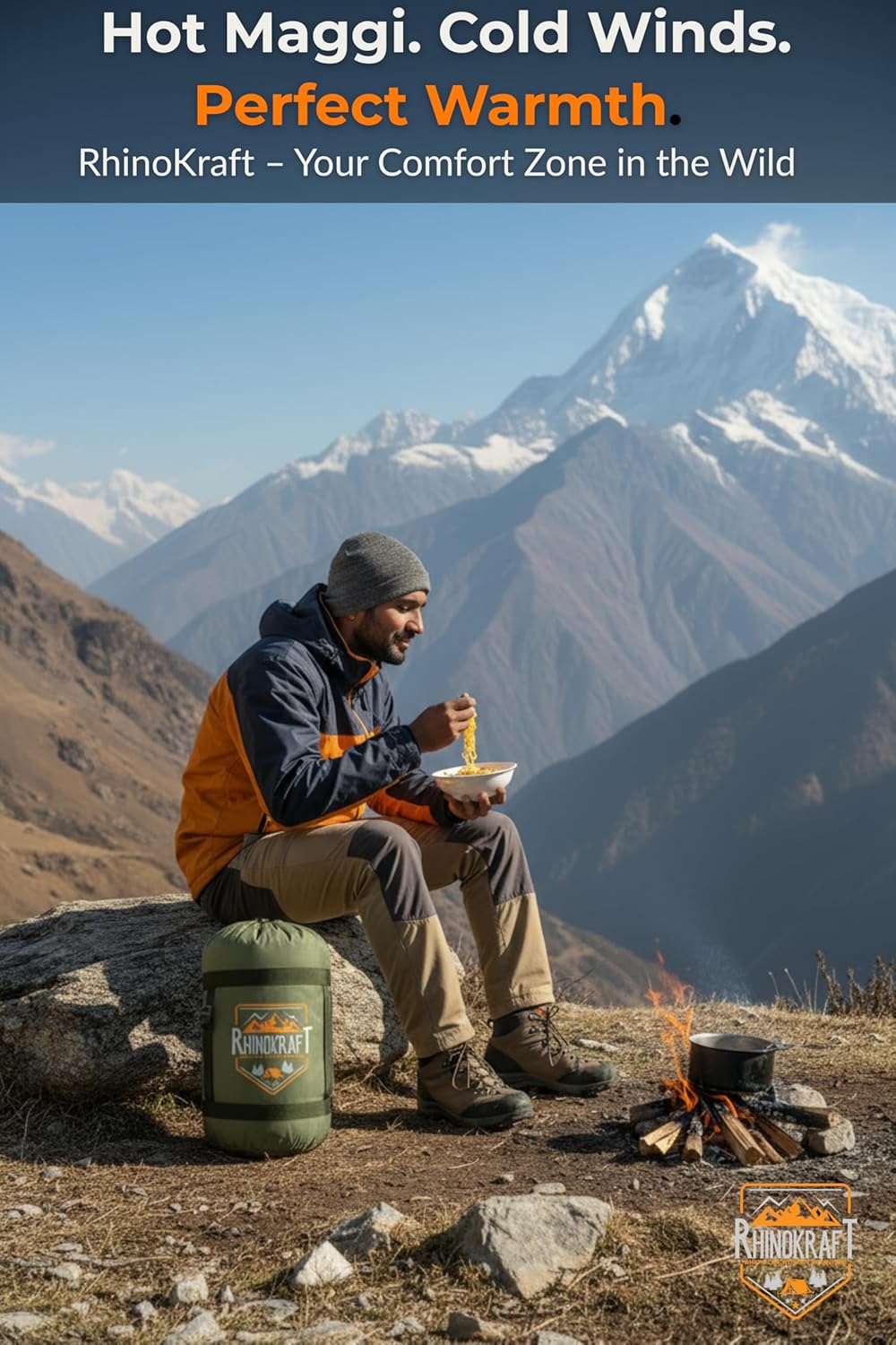 RhinoKraft Arctic Series Sleeping Bag for Adults | -10°C Winter Camping Sleeping Bag with Detachable Fur Liner | Heavy-Duty 3.2 kg Rectangular Design | Water-Resistant Butter Nylon | 6.5 ft Height Fit