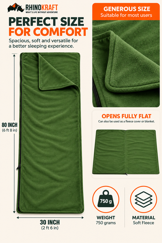 RhinoKraft Lightweight Compact Microfiber Fleece Sleeping Bag Liner 190 x 90cm / 75" x 35" Long Full Sized Zipper Outdoor Camping Blanket Travel Sheet for Sleepovers, Camping, Sporting Events