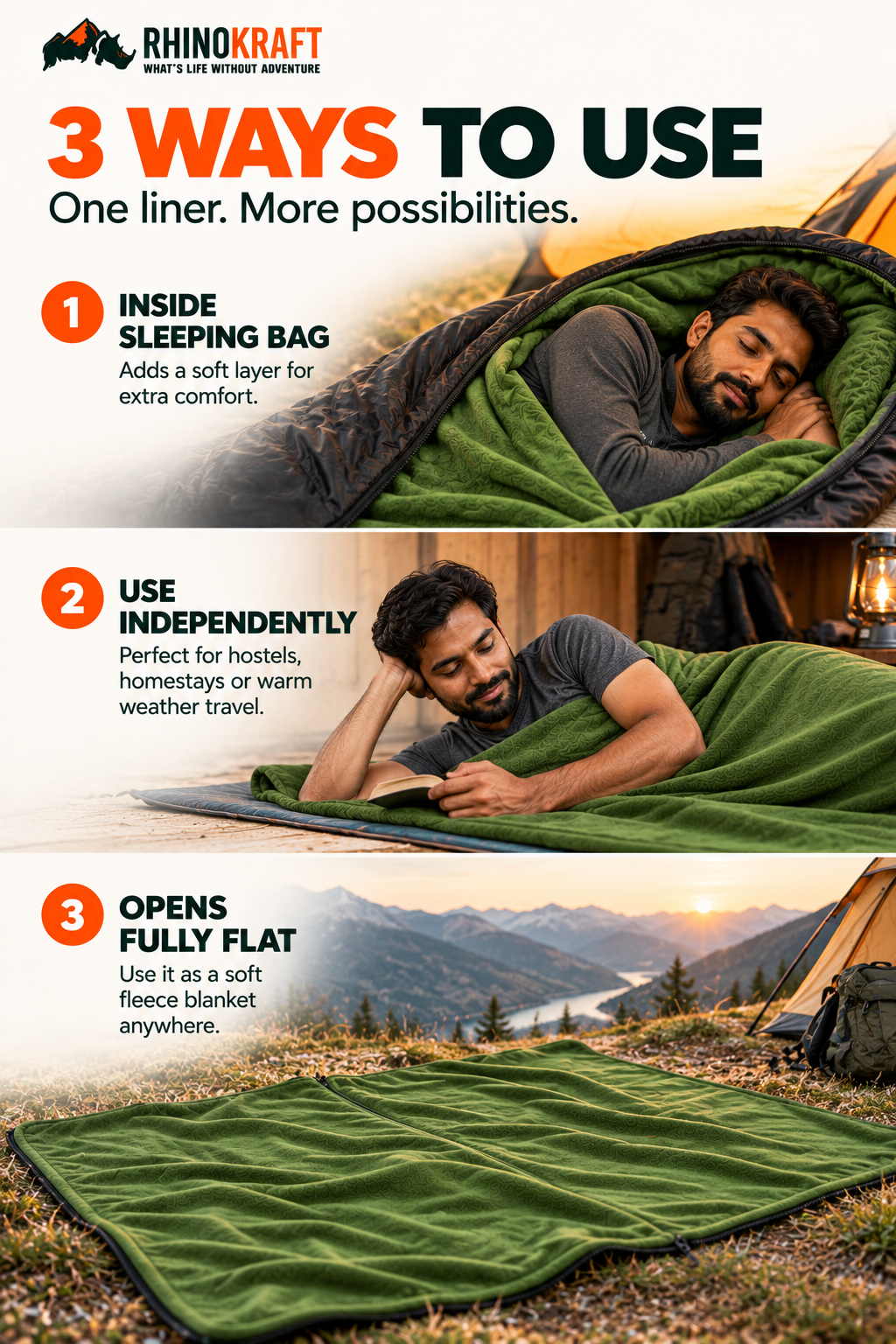 RhinoKraft Lightweight Compact Microfiber Fleece Sleeping Bag Liner 190 x 90cm / 75" x 35" Long Full Sized Zipper Outdoor Camping Blanket Travel Sheet for Sleepovers, Camping, Sporting Events