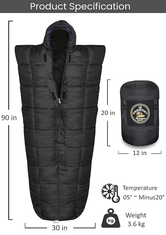 RhinoKraft Warriors Navy Blue Sleeping Bag ! Detachable Inner Liner ! 6 Layers ! Extra Large Size for Temp -20c ! 6.5 Ft RK-WARRIOR-BLK